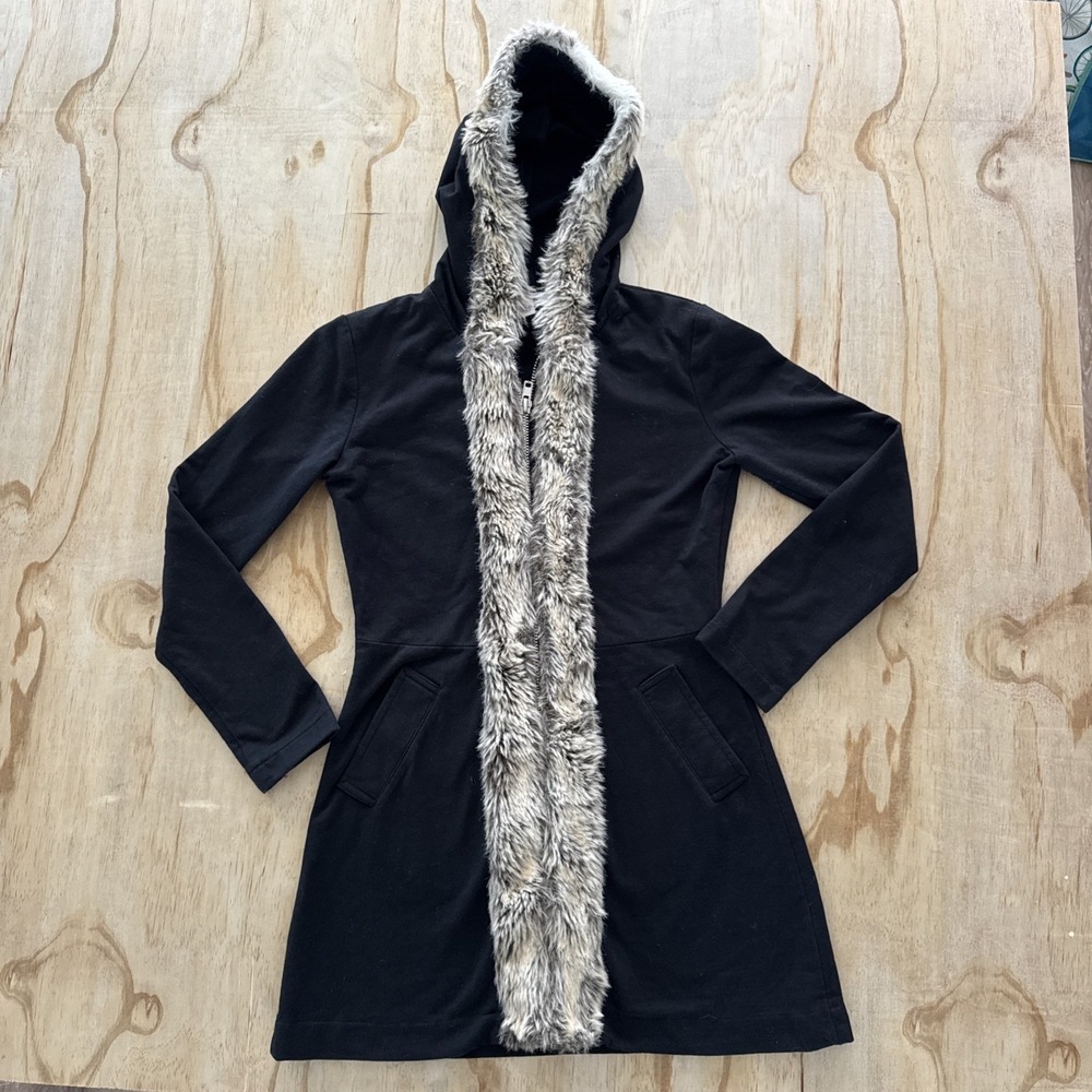 Boston Proper Xs Black‎ Fur Trim Jacket Mid Length
